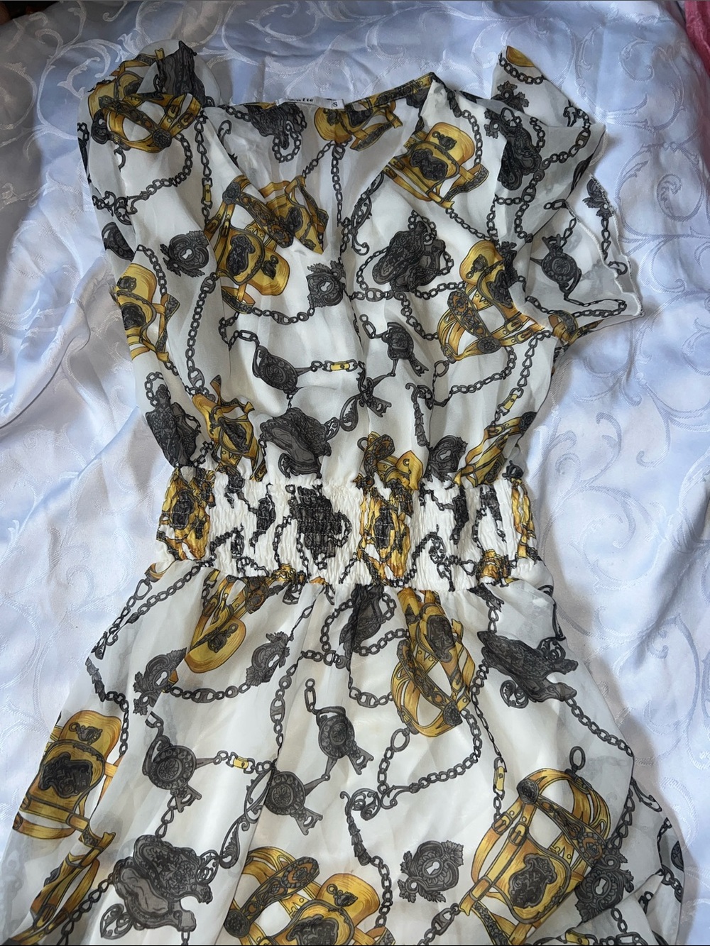 Ivory Midi Dress with Gold & Black Chain Print